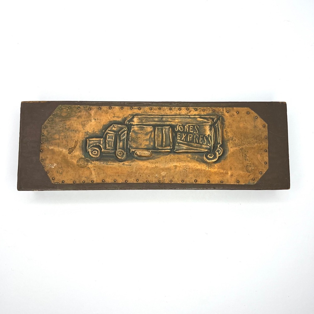 Vintage Handmade Wooden Pencil Box With Copper Bas-Relief Design Truck Transport